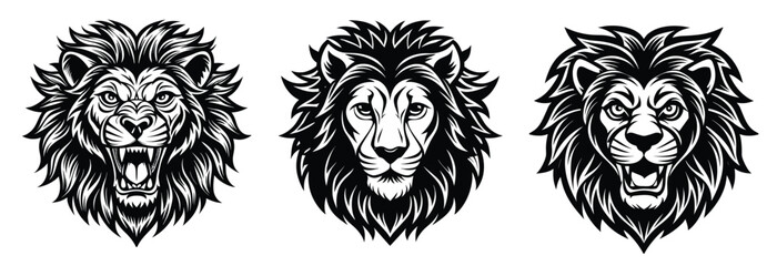 Set of 3 Black & White Lion Head Illustrations — Detailed Vector Mascot, Tattoo, and Heraldic Emblems (Engraving Style)