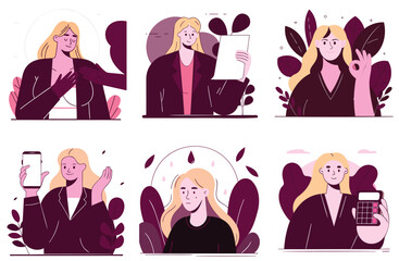Businesswoman Character Set – 6 Flat Vector Illustrations of Female Office Worker with Phone, Document, OK Gesture, and Calculator for Marketing, Finance, and App UI