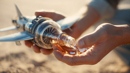 Hands hold an aircraft engine model and pour liquid into it — mockup demonstration.