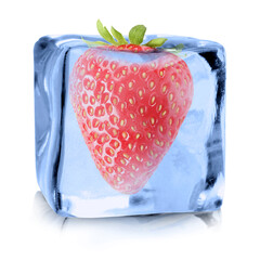 Fresh strawberry in ice cube isolated on white