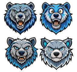Set of 4 Bear Head Mascot Illustrations &mdash; Blue Vector Emblems for Esports, Team Branding and Apparel Design