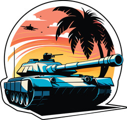 Tropical Sunset Battle Tank Vector &mdash; Armored Vehicle Sticker with Palm Trees and Jet Silhouette