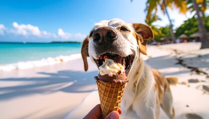 Happy dog enjoying ice cream on a beach