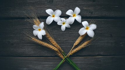 Obraz premium White frangipani flower wheat rustic wooden background flat lay natural botanical arrangement peaceful elegant calm minimal organic floral fresh decorative vintage countryside summer tranquil