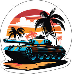 Retro Military Tank Vector at Tropical Sunset – Armored Vehicle Sticker with Palm Trees