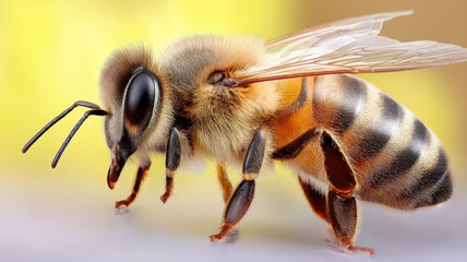 Honeybee insect pollinator yellow macro closeup wing fuzzy striped nature detail animal pollen spring outdoor wild environment garden worker natural wildlife soft delicate antenna leg body texture