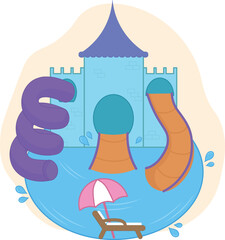 Water Park Illustration with Slides and Castle