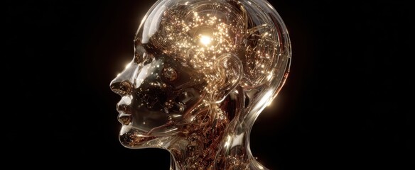 The Glass Human Head with Golden Neural Wiring and Luminous Futuristic Circuitry