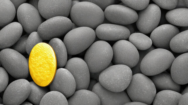 Single golden stone stands out among smooth gray pebbles, symbolizing uniqueness individuality selective color style, evoking sense of contrast focus