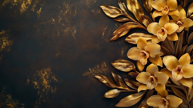 Luxurious background design with golden hued orchids and lilies against a dark velvet like texture The elegant floral arrangement adds a touch of sophistication ideal for upscale gatherings