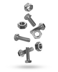 Metal nuts and bolts falling against white background