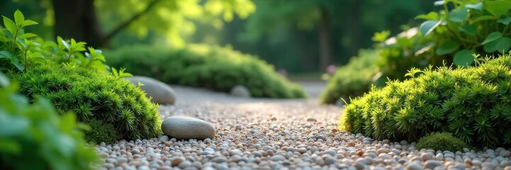 Serene zen garden scene with carefully raked gravel, smooth stones, and lush green moss  Perfect for mindfulness, peace, tranquility, and meditation imagery ,  yoga,  spiritual