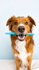 Happy dog holding a blue toothbrush