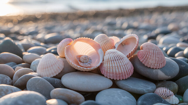 Beautiful Seashells on Pebble Beach at Sunset