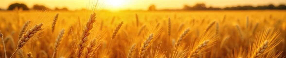 Golden wheat field, ripe and ready for harvest, sun-drenched stalks bowing under their weight Abundant, plentiful crop ready for reaping, golden hour glow , sunlit field, food