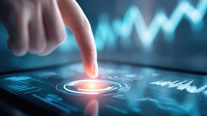 Finger touching digital budget planner screen futuristic interface glowing graphs financial data technology innovation blue light modern business interactive analysis