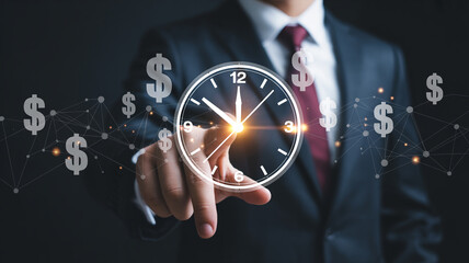 Time is money business concept businessman touching clock making money investment financial planning strategy