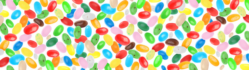 Jelly beans falling against white background, banner design