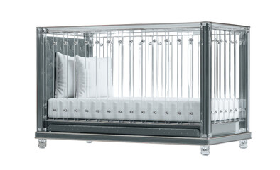 Modern crib with clear acrylic panels and dark gray accents