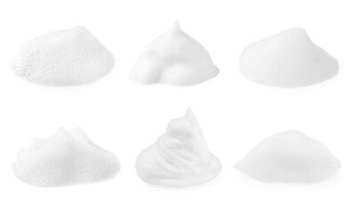 Samples of cleansing foam isolated on white, set. Washing cosmetic