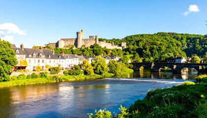 Obraz premium Picturesque riverside town with castle