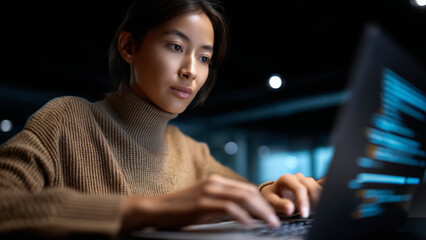 Young woman programmer typing on laptop ai impact on jobs in late night office focused expression