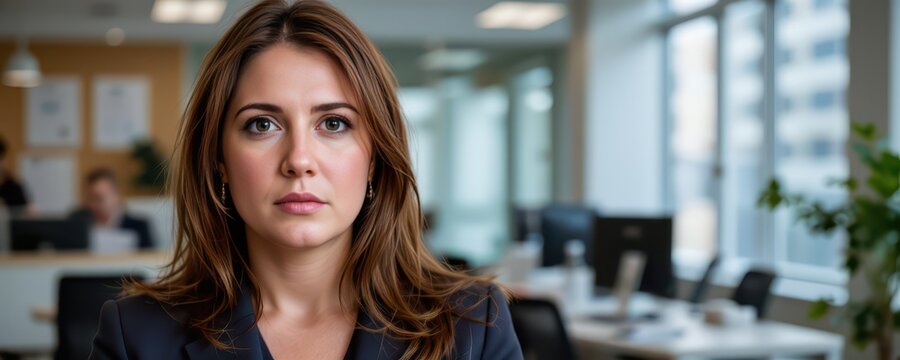 a determined businesswoman in an office setting, photographed in a half length portrait with a focused facial expression.