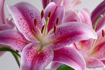 Stargazer Lily. Close Up of Beautiful Pink Blossoms on White Background