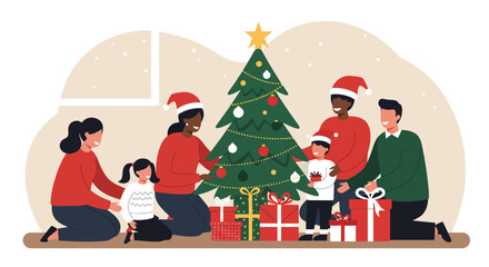 A heartwarming Flat Design vector illustration depicting a diverse family enjoying a festive Christmas celebration, gathered around a beautifully decorated tree with gifts.