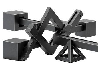 Interlocking charcoal & black brushed matte metal 3D forms with crisp edges and fine texture, on a transparent studio background with soft shadows and copy space, concept of complex engineering