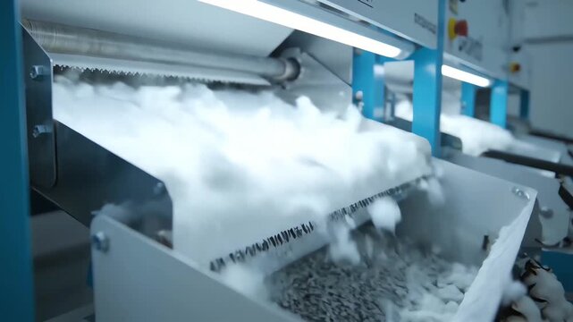 Industrial machinery processing fluffy white polyester fiber on an automated production line in a modern textile factory for sustainable manufacturing