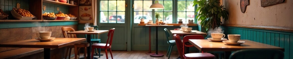 Cozy tea diner interior, warm lighting, mismatched vintage chairs and tables, steaming teacups, pastries on display, inviting atmosphere ,  floor,  books,  calm