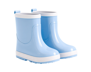 Pair of light-blue children's rain boots.  White trim.  Short, sturdy, glossy
