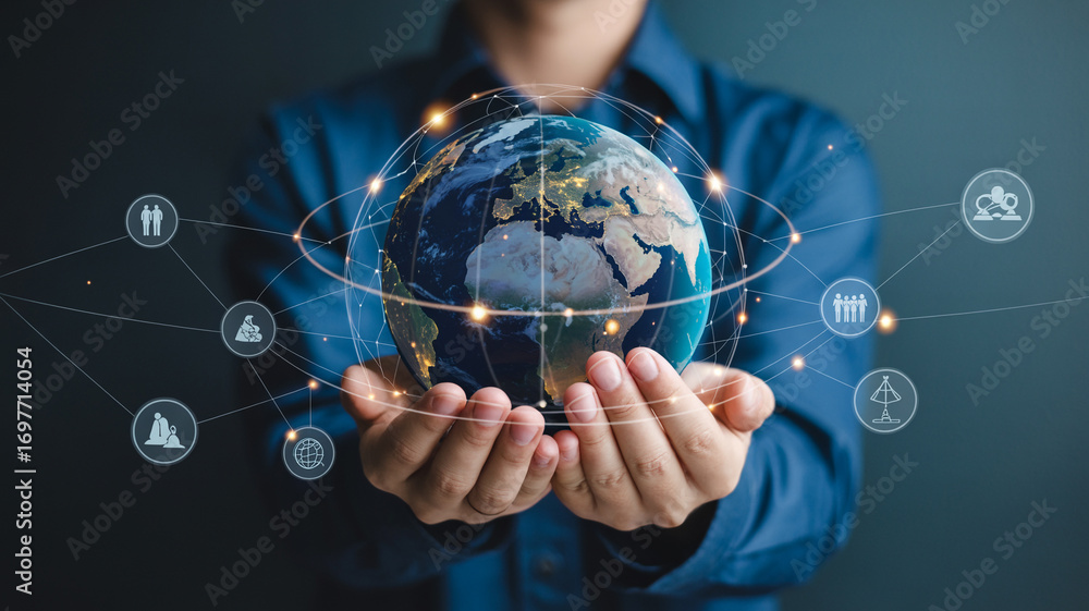 Poster global network connection business technology concept with man holding earth globe in hands