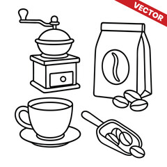 Coffee Beans and Brewing Tools Set for Crafting Coffee outline vector illustration