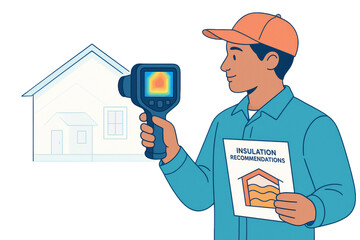 Technician with thermal camera and insulation report in hand, standing near house outline, flat style on white background, energy audit concept. Ai generative