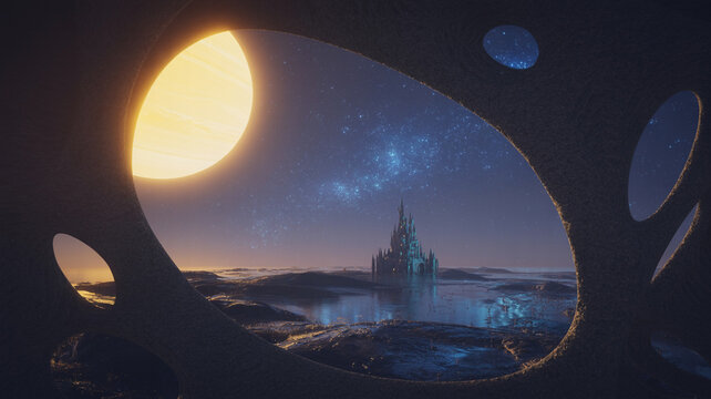 Fantasy castle landscape with starry sky and sun through cave opening digital art wallpaper hd image