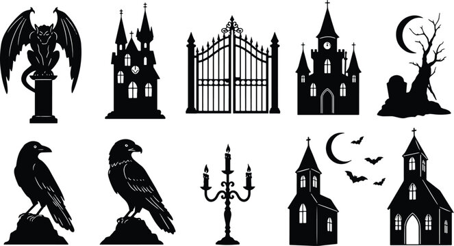 Spooky Halloween Set with Gargoyle, Haunted House, and Ravens

