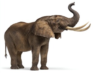 Obraz premium A majestic elephant stands isolated against a white background, its trunk raised high in the air, showcasing its impressive tusks and wrinkled skin texture