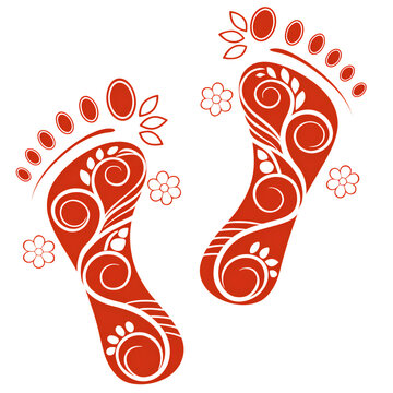 Golden decorative footprints with lotus flower design, symbolic Lakshmi Charan for Diwali festival, traditional Indian artwork used in religious rituals, Hindu spirituality and cultural decoration