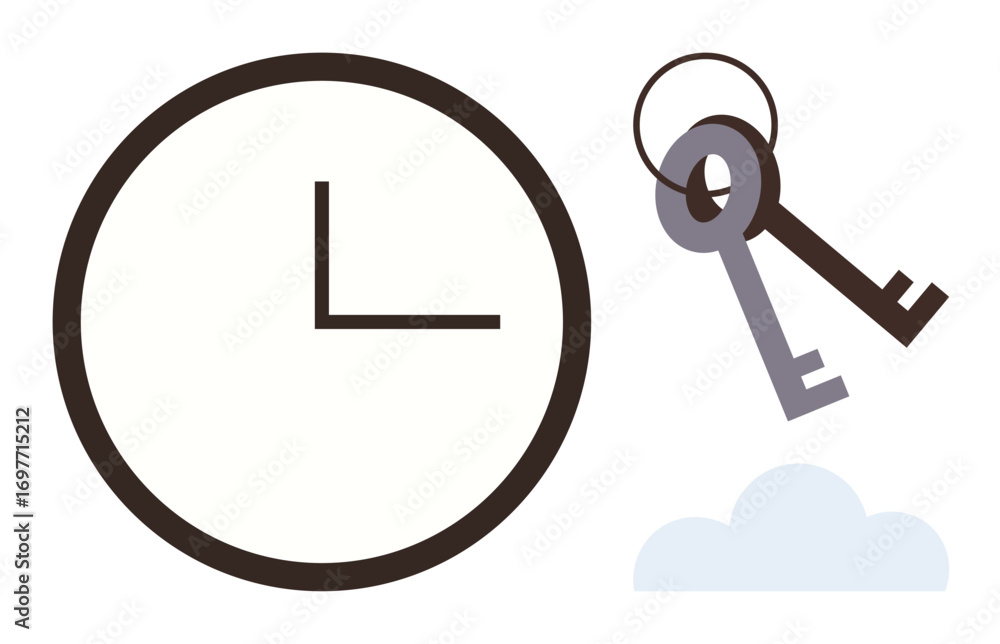 Poster clock showcasing time and a pair of keys resting above a stylized cloud. ideal for concepts thumbs u
