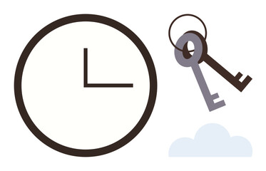 Clock showcasing time and a pair of keys resting above a stylized cloud. Ideal for concepts thumbs up time management, security, cloud computing, deadlines, key solutions, organization, and simple