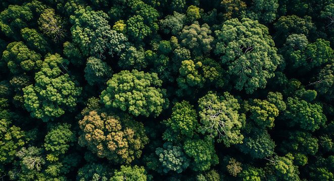Vector illustration of aerial view of a dense green forest canopy with lush trees stretching towards the sky