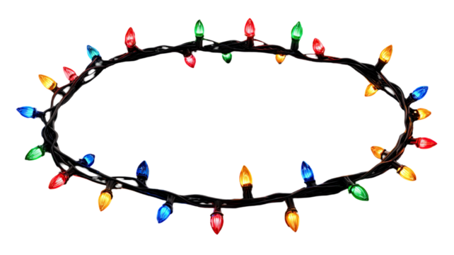 String of colorful Christmas lights glowing brightly symbolizing festive holiday decoration seasonal celebration joy and winter tradition isolated on white background
