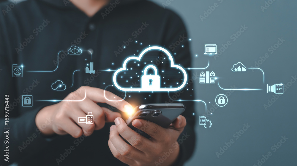 Poster cloud security with mobile device for data protection and cybersecurity solutions concept image of m