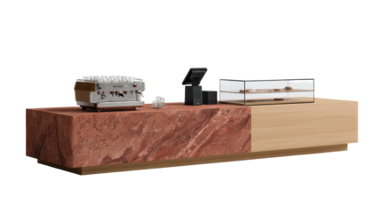 Modern coffee bar with espresso machine, display case, and counter