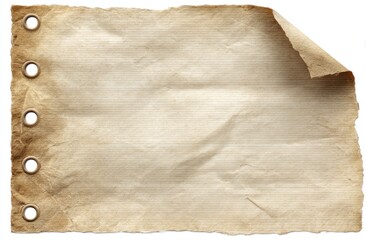 Tattered parchment texture with curled corner and grommet holes, casting soft shadows on a white backdrop, evoking vintage aesthetics