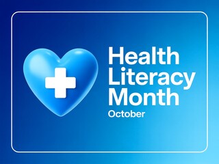 Fototapeta premium Health literacy month october banner with heart on blue background, illustration