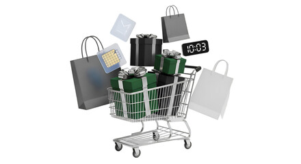 Shopping cart overflowing with gifts and bags floating around isolated on white festive celebration high quality professional