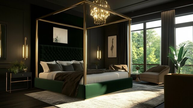 Luxurious couples bedroom with a velvet canopy bed elegant golden accents dim chandelier lighting and a plush seating area by the window offering an intimate and sophisticated vibe